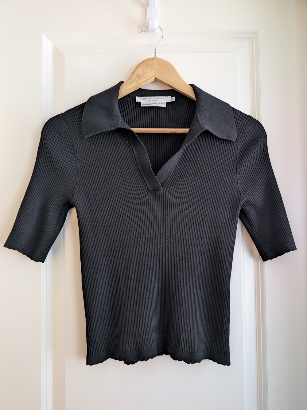 Ribbed Polo Short Sleeve Top in Black